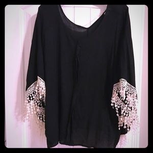 Black Plus Size Top with Lace Along Sleeve